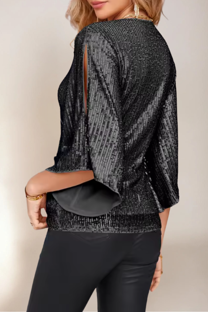 Blouse Femme Élégante à Manches Cloches en Tissu Brillant 1