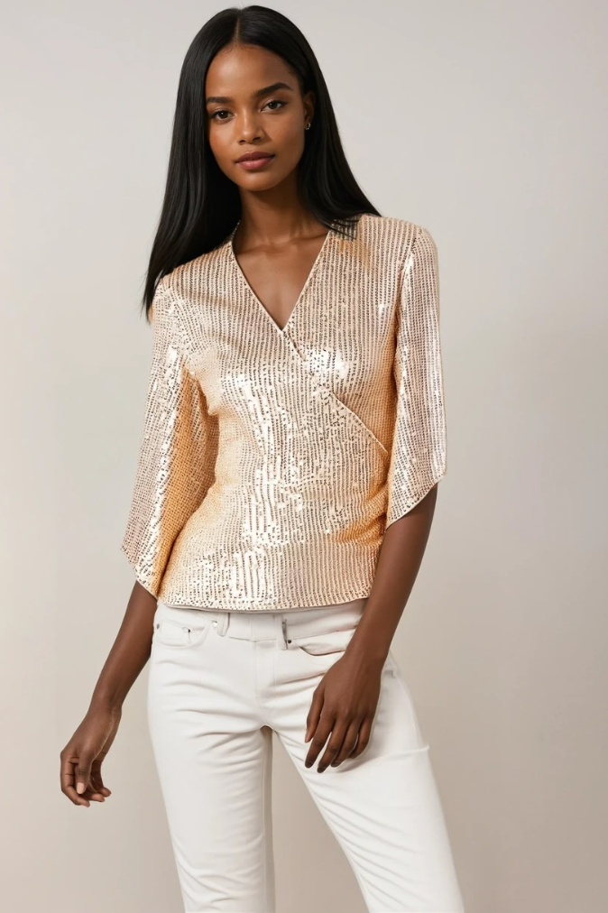 Blouse Femme Élégante à Manches Cloches en Tissu Brillant 2
