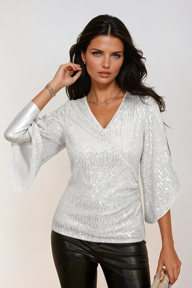 Blouse Femme Élégante à Manches Cloches en Tissu Brillant 3