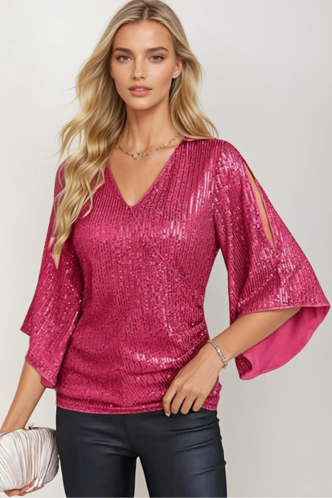 Blouse Femme Élégante à Manches Cloches en Tissu Brillant 4