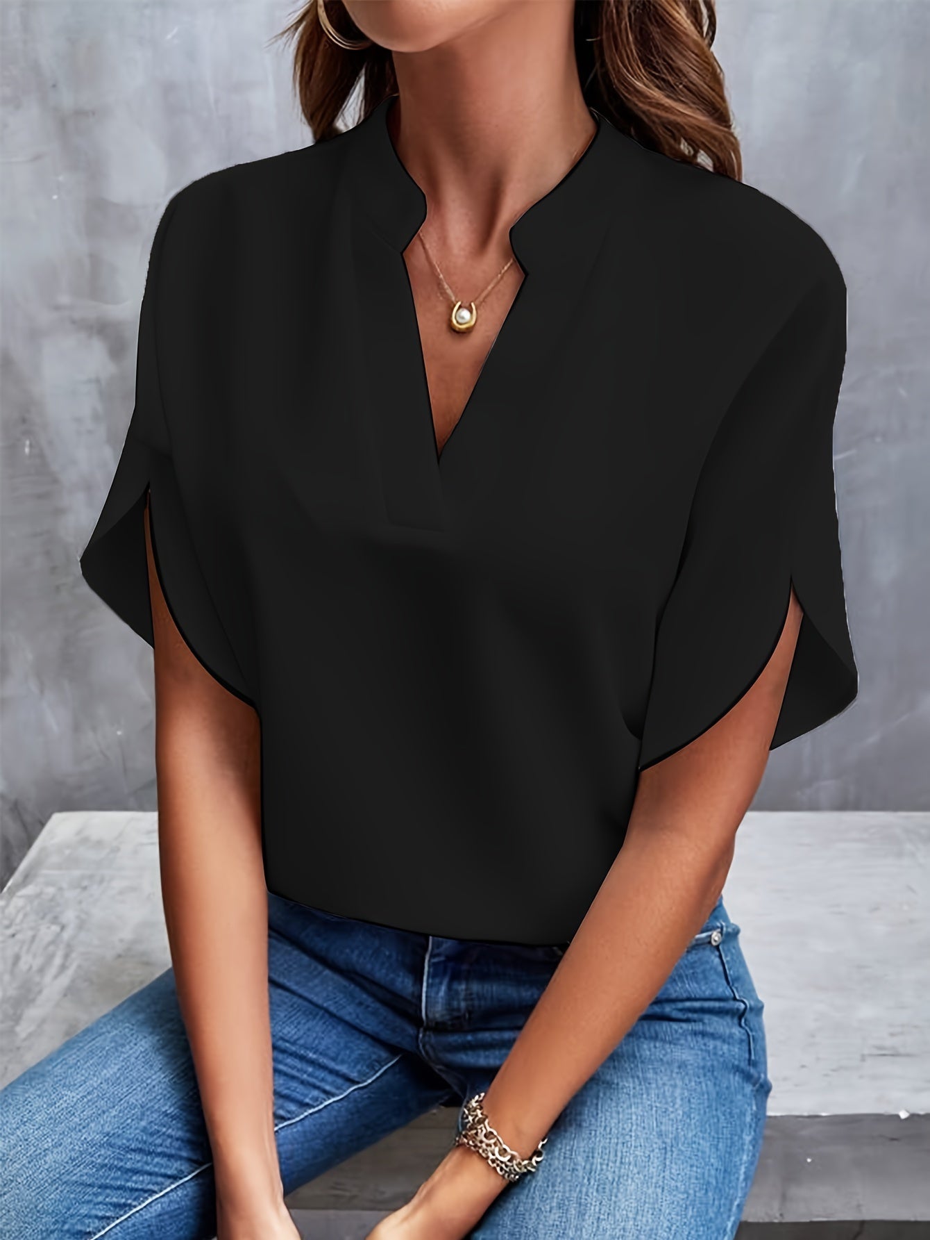 Blouse Femme Élégante en Viscose et Polyester Chic Col en V Fendu 3