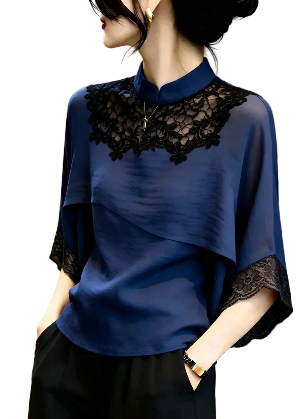 Blouse Femme Été Col Montant avec Empiècements en Dentelle 0