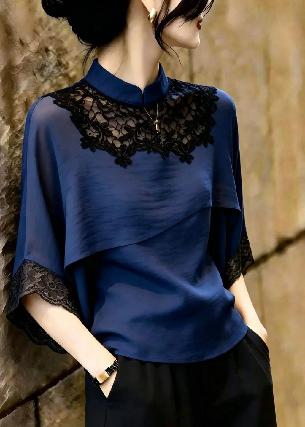 Blouse Femme Été Col Montant avec Empiècements en Dentelle 2