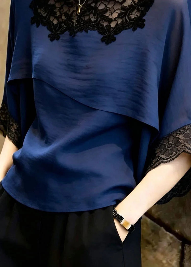 Blouse Femme Été Col Montant avec Empiècements en Dentelle 3