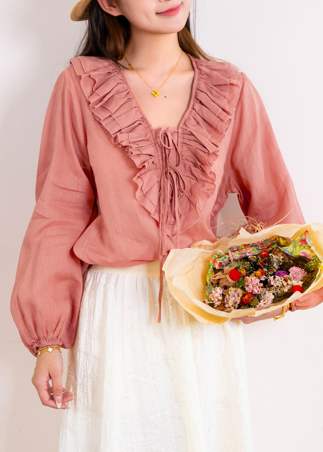 Blouse Femme Patchwork à Volants Manches Longues Style Décontracté 0