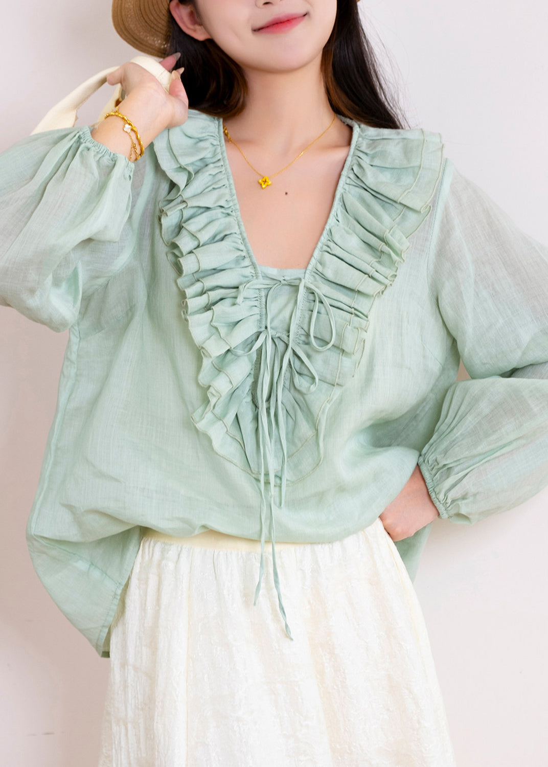 Blouse Femme Patchwork à Volants Manches Longues Style Décontracté 1