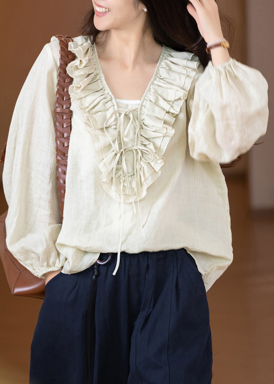 Blouse Femme Patchwork à Volants Manches Longues Style Décontracté 2