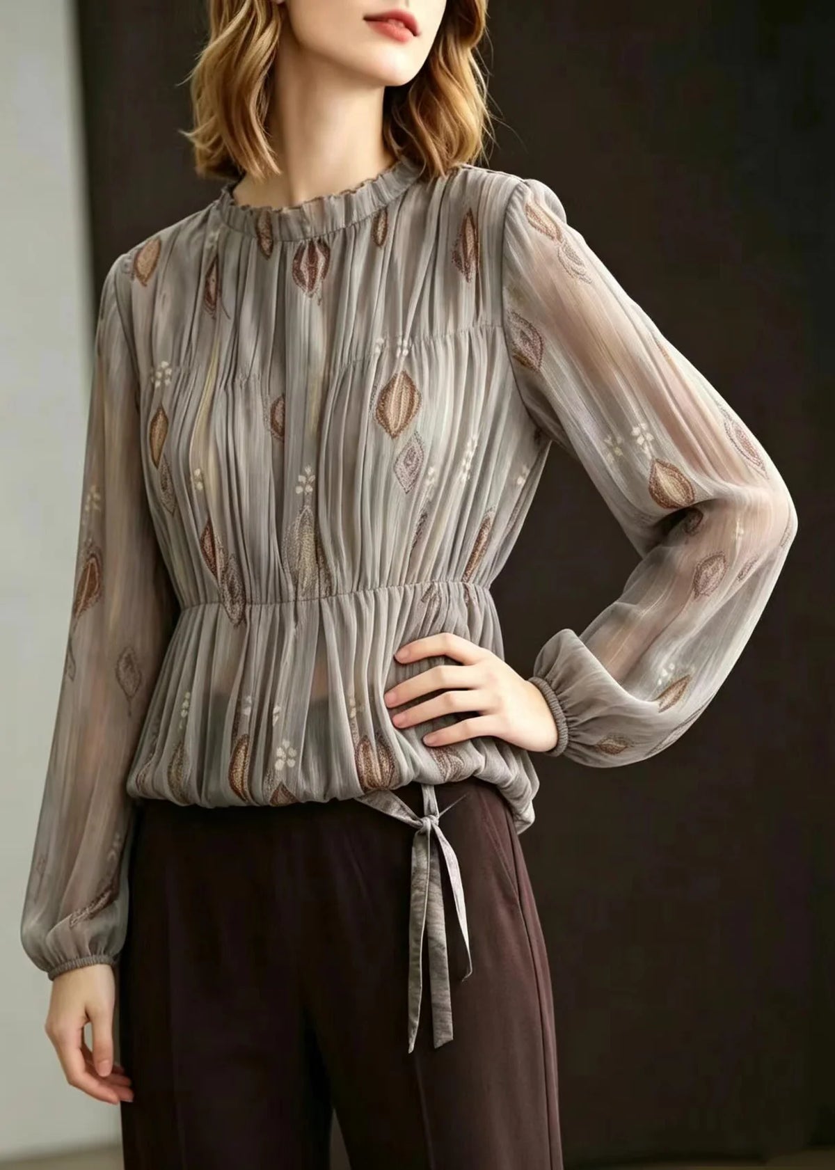 Blouse Femme Plissée Jacquard Col Rond Automne 2