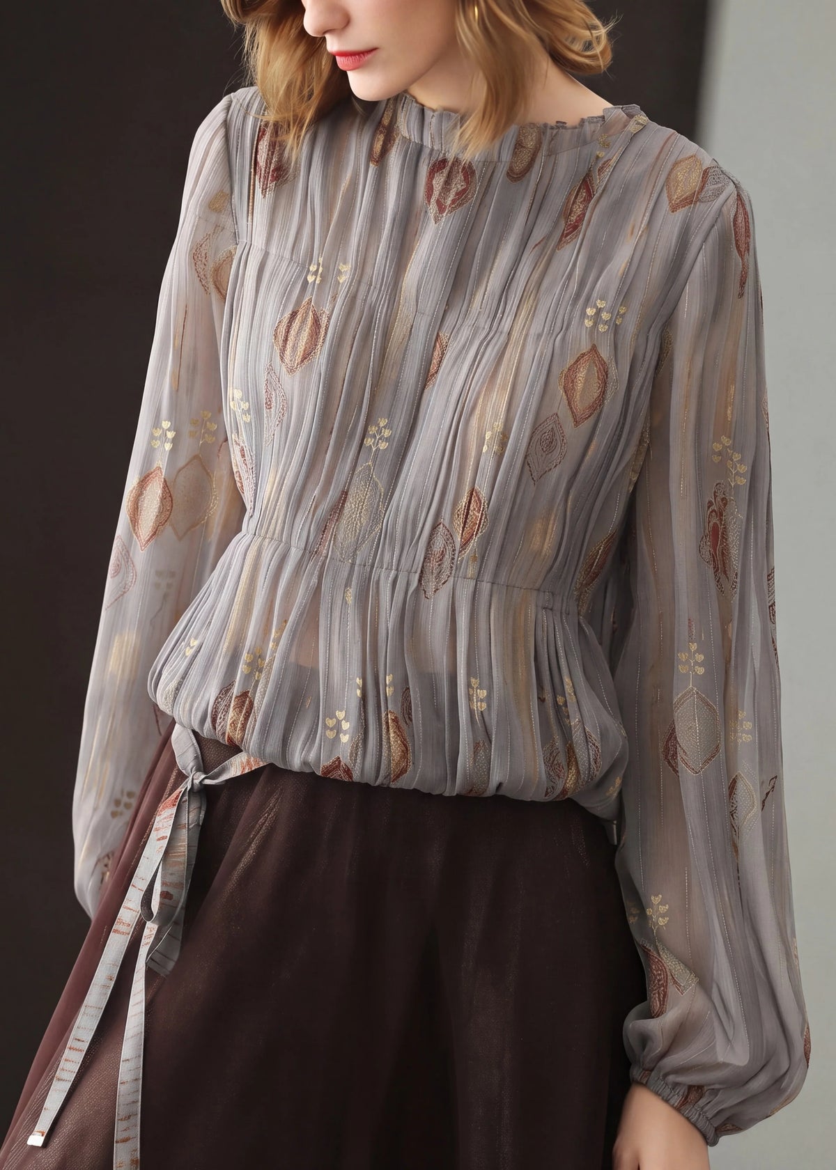 Blouse Femme Plissée Jacquard Col Rond Automne 4