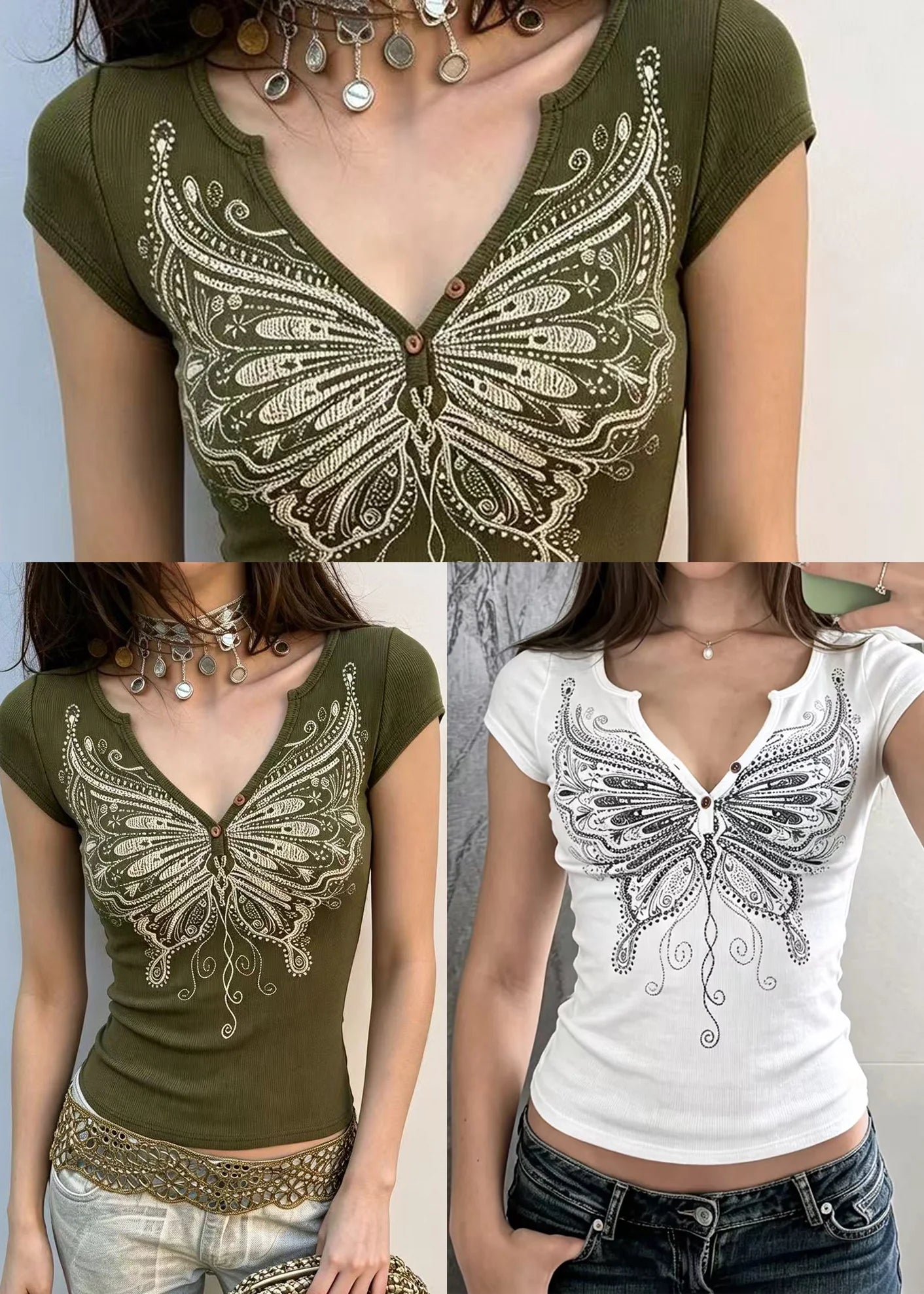 Blouse d'été Femme Col V Imprimé Papillons Coupe Ajustée 4