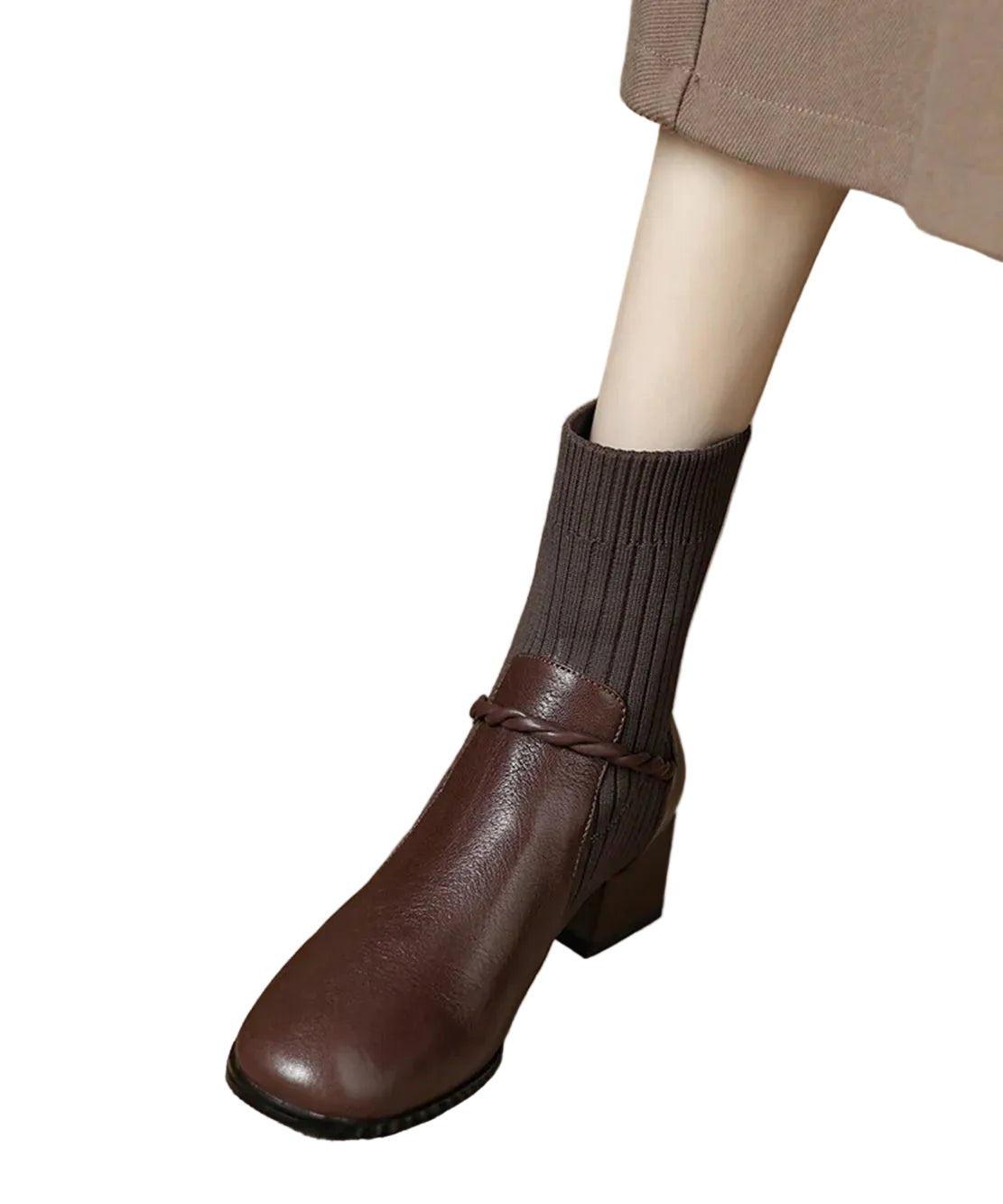 Bottes Chaussettes Femme Style Tressé et Talon Épais 1
