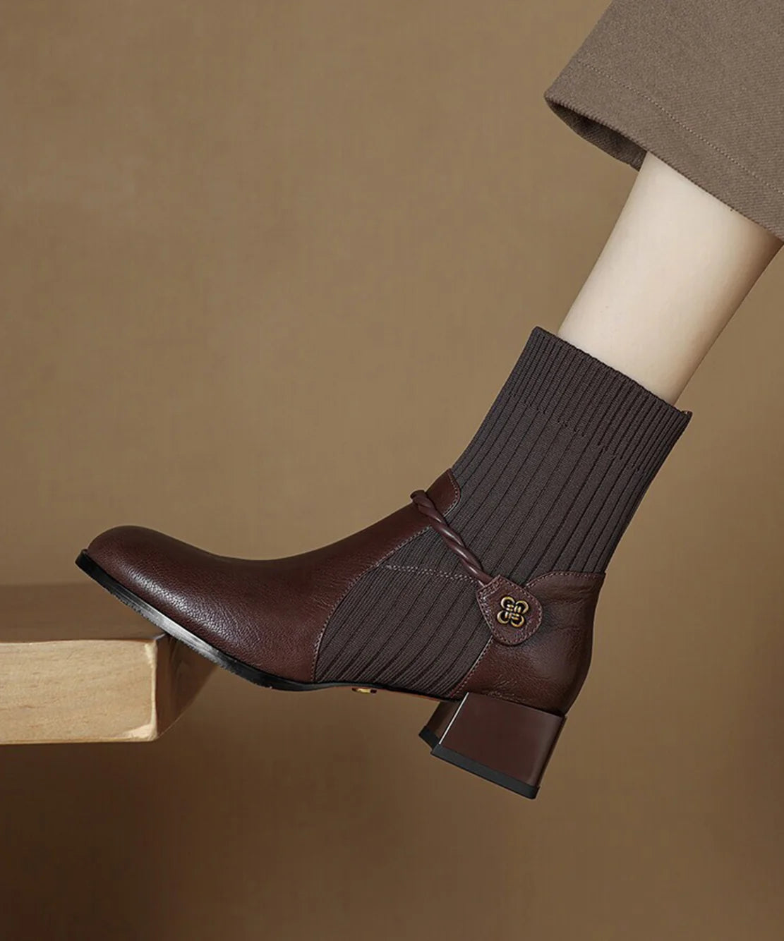 Bottes Chaussettes Femme Style Tressé et Talon Épais 2
