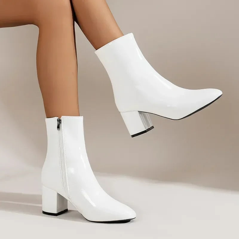 Bottines Femme à Bout Pointu avec Fermeture Éclair et Talon Bloc Moyen 0