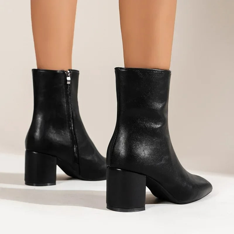 Bottines Femme à Bout Pointu avec Fermeture Éclair et Talon Bloc Moyen 7