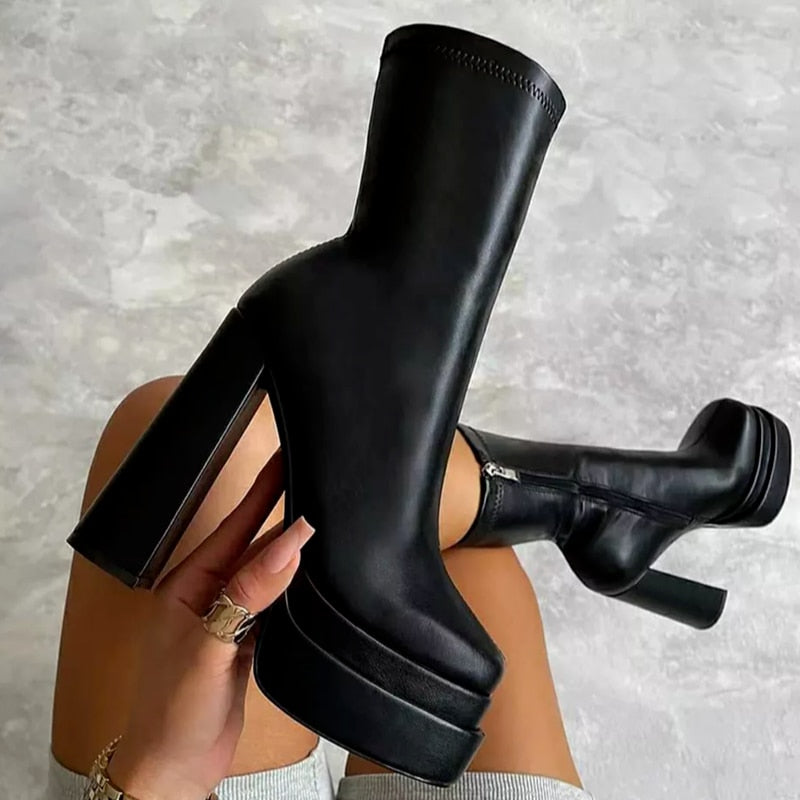 Bottines à Talons Platesformes Femme Élégantes en Cuir