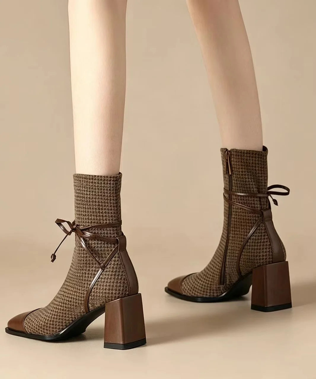 Bottines femme vintage à talon compensé et motif pied-de-poule 3