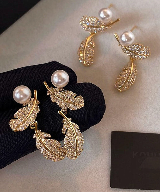 Boucles d'oreilles femme style plume et perles en cuivre doré 4