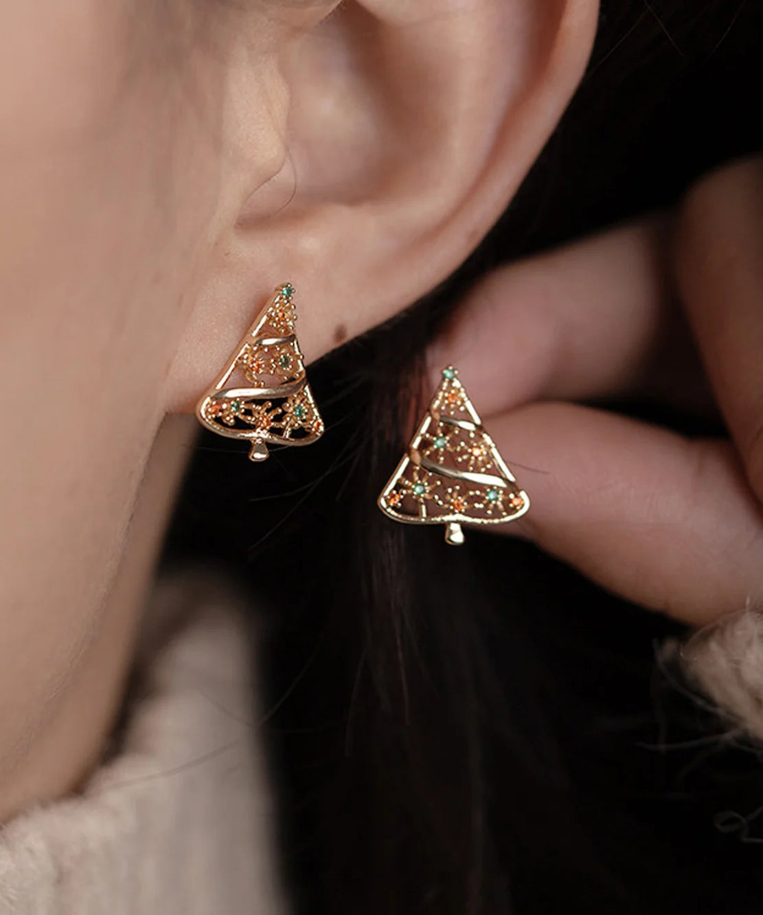 Boucles d'oreilles puces femme style vintage sapin de Noël 0