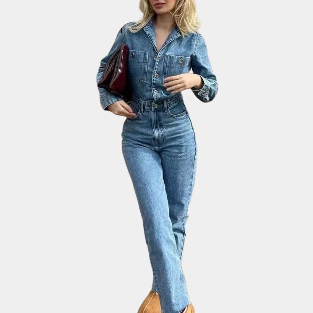 Combinaison Femme Chic Denim Manches Longues Ajustée-1