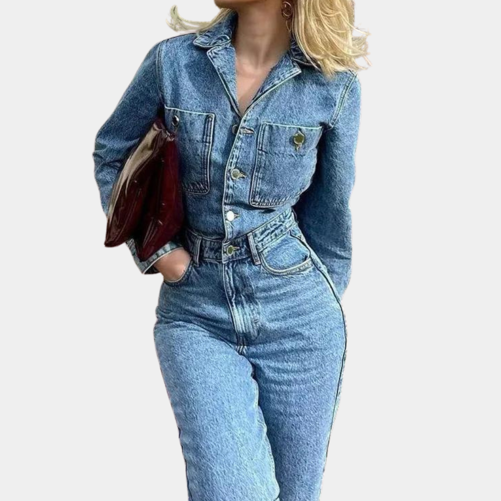 Combinaison Femme Chic Denim Manches Longues Ajustée-2