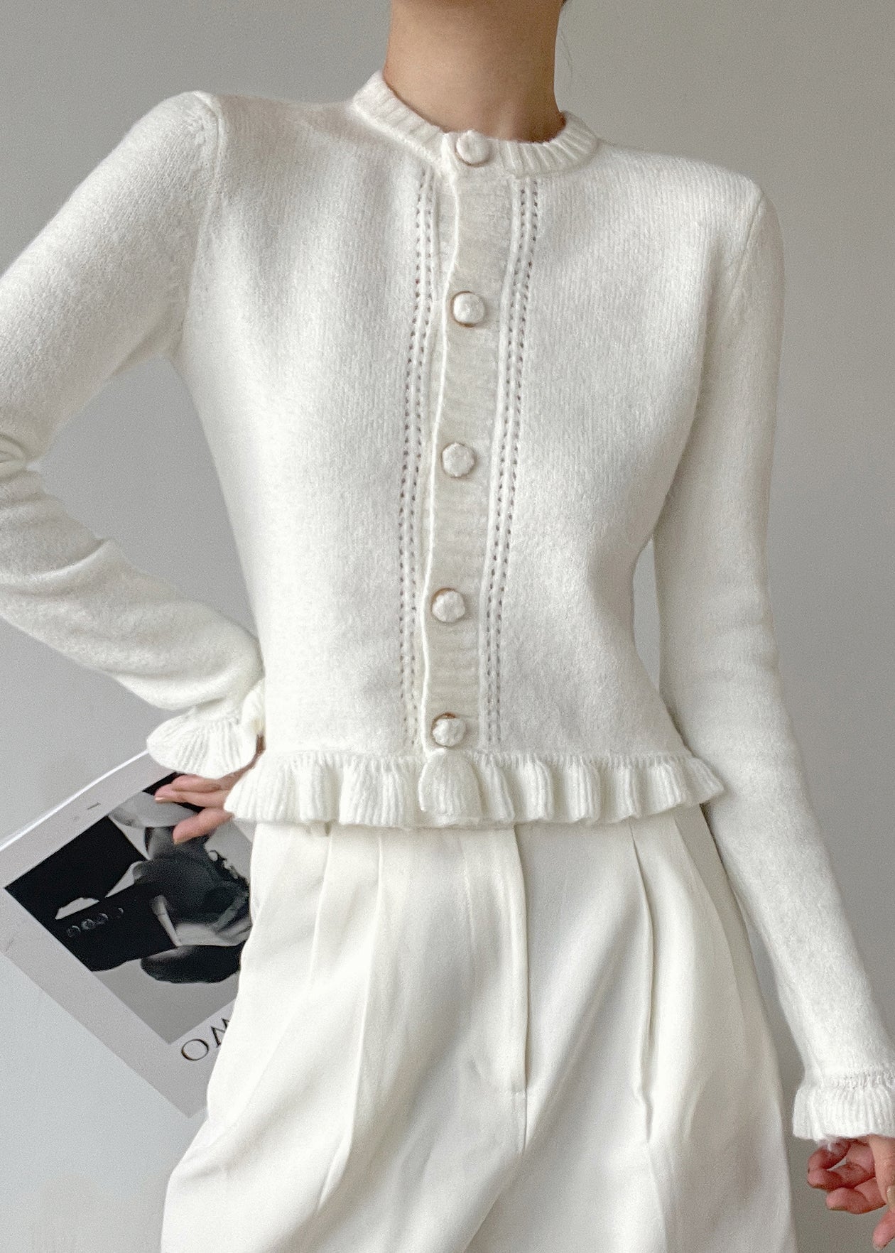 Cardigan Femme Ajusté à Col Rond avec Volants 0