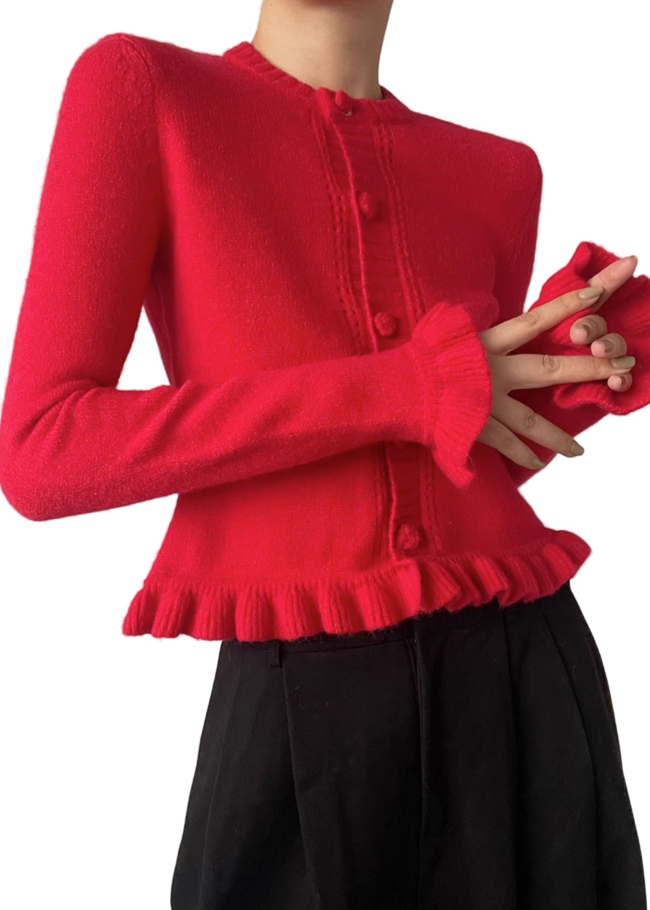 Cardigan Femme Ajusté à Col Rond avec Volants 1