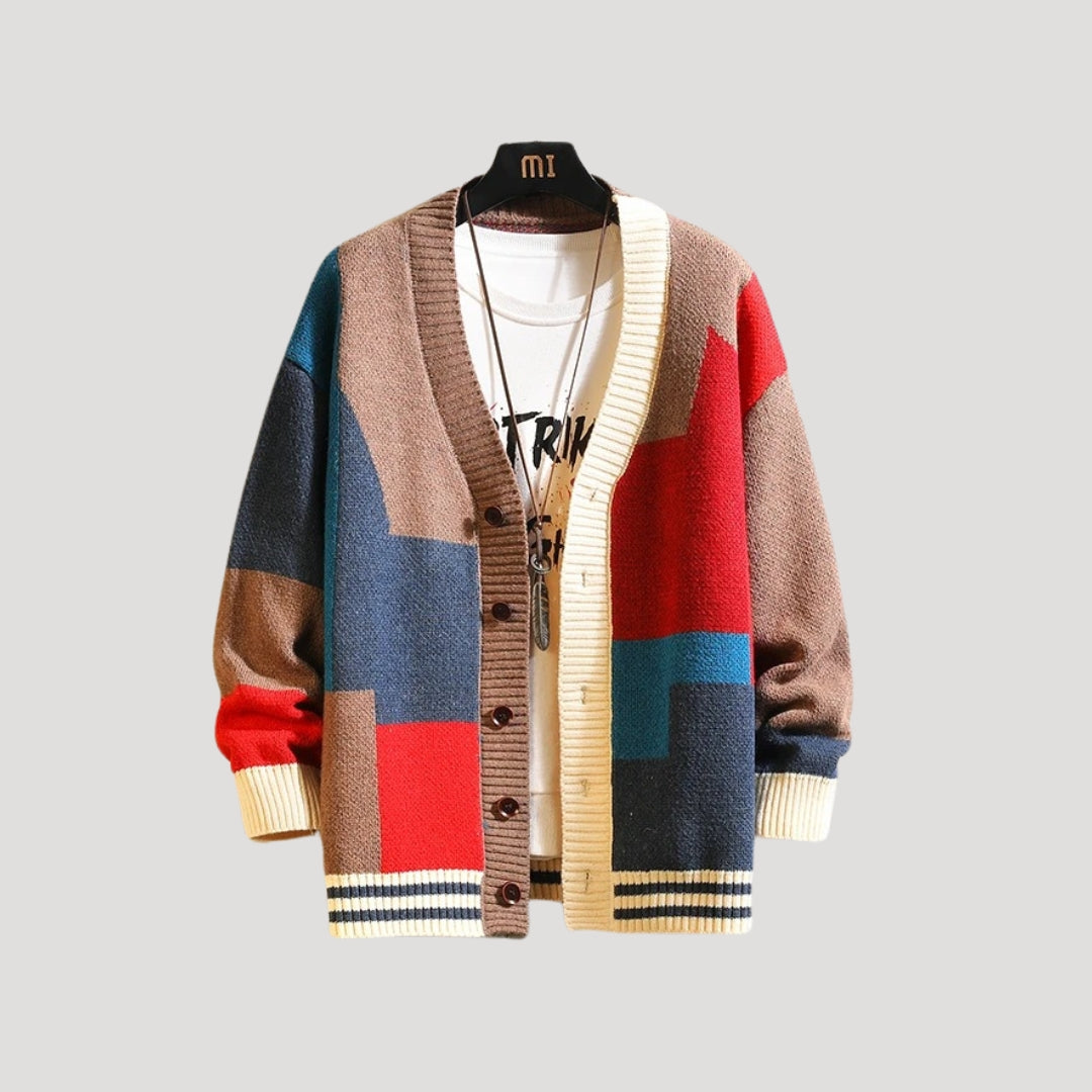 Cardigan Femme Boutonné Color Block Printanier 1