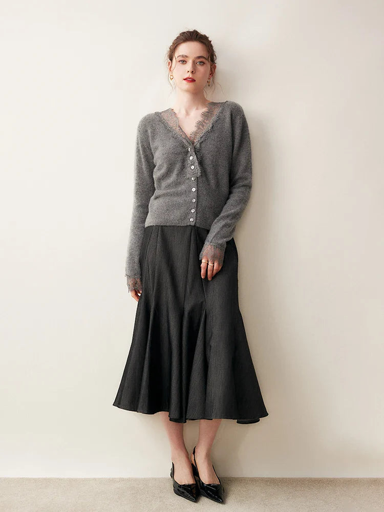 Cardigan Femme Boutonné Détails en Dentelle Ajusté 3