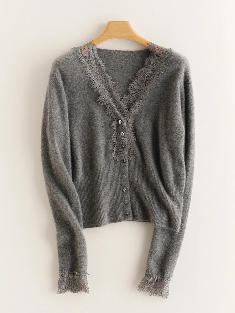 Cardigan Femme Boutonné Détails en Dentelle Ajusté 5