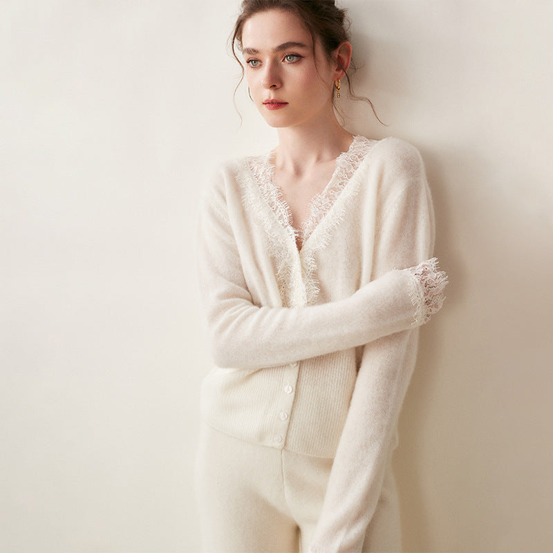 Cardigan Femme Boutonné Détails en Dentelle Ajusté 8