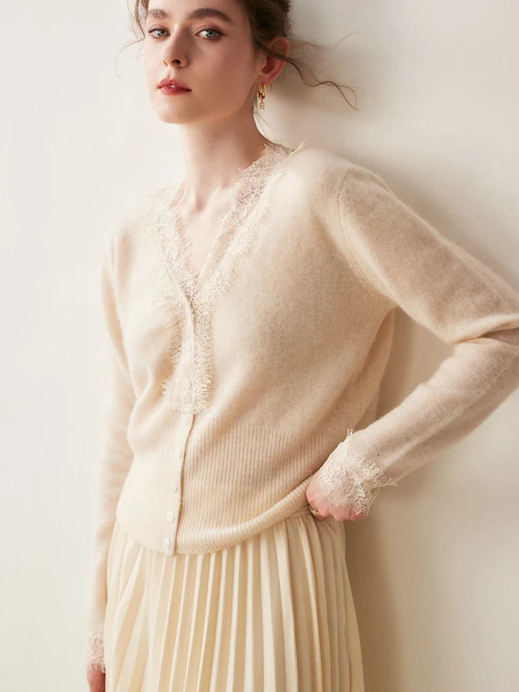 Cardigan Femme Boutonné Détails en Dentelle Ajusté 9
