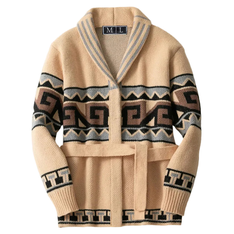 Cardigan Femme Classique Col Châle Taille Ceinturée Motifs Géométriques 0
