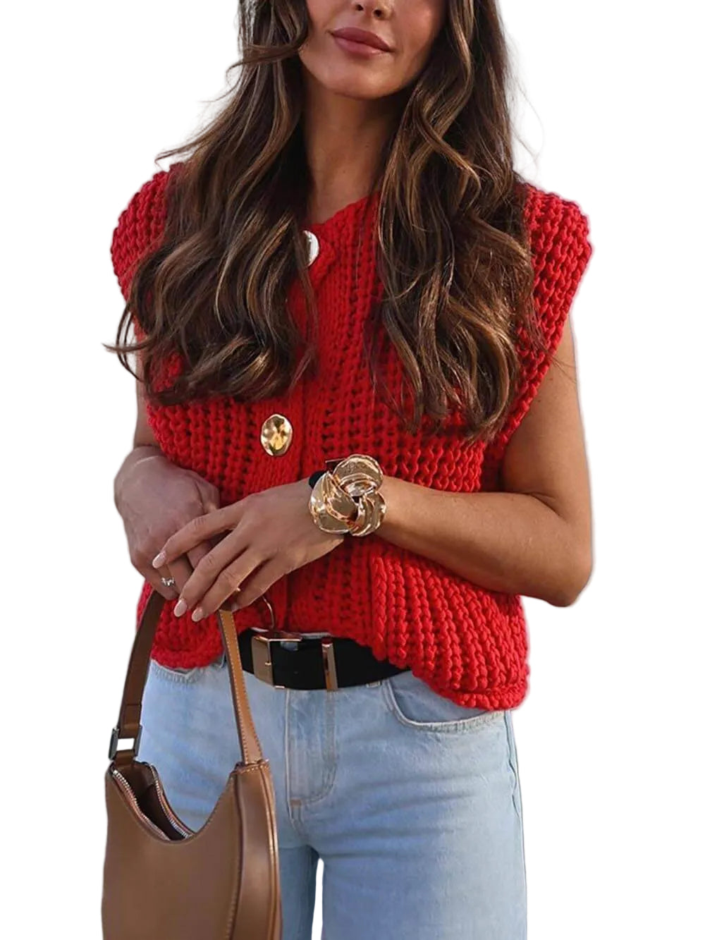 Cardigan Femme Court Sans Manche Chic avec Poches pratiques 0