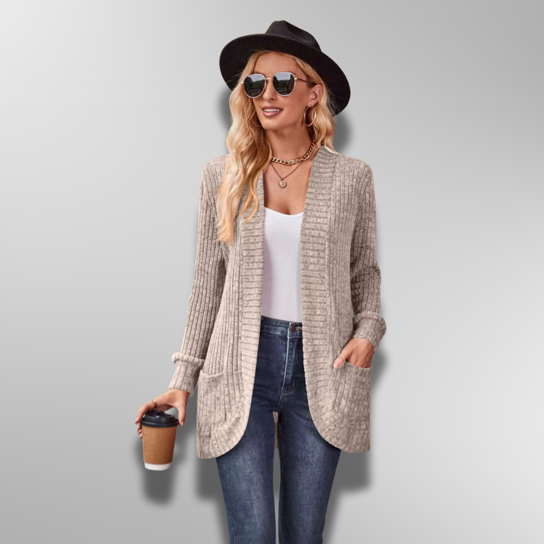 Cardigan Femme Maille Côtelée Élégante avec Poches Avant 2