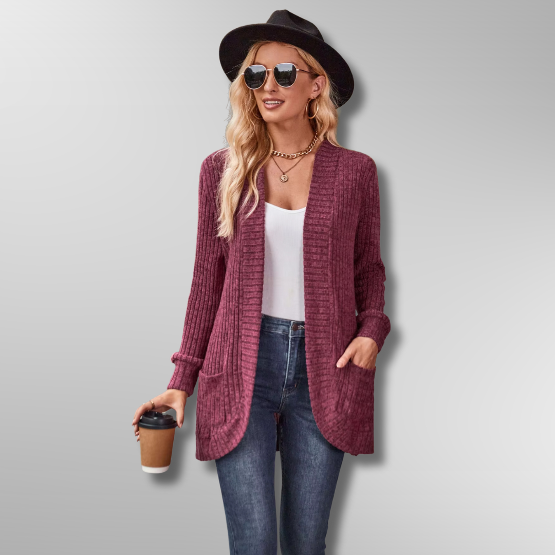 Cardigan Femme Maille Côtelée Élégante avec Poches Avant 3