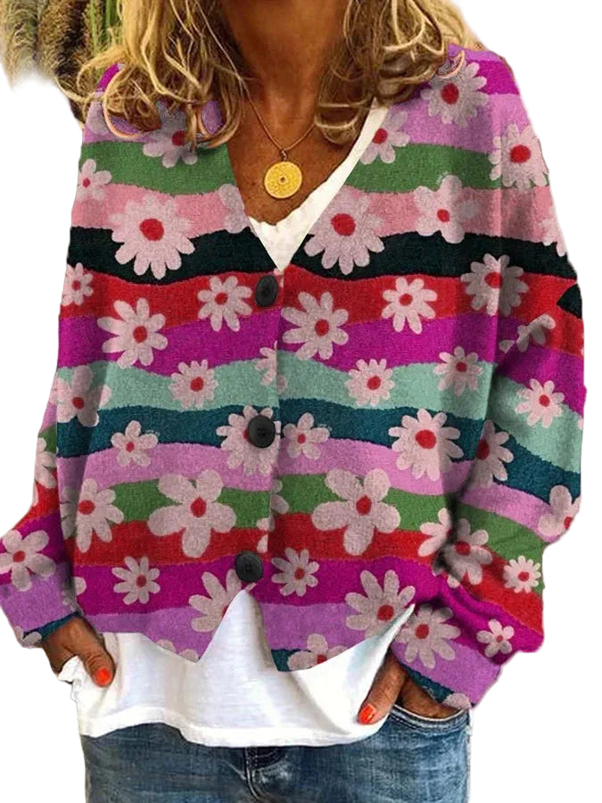 Cardigan Femme Vintage Coloré avec Boutons 2