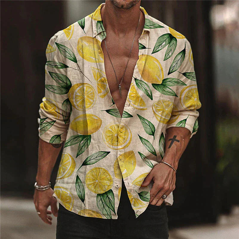 Variant image for Chemise d'été Homme Imprimé Citron Coton Respirant Décontracté-1