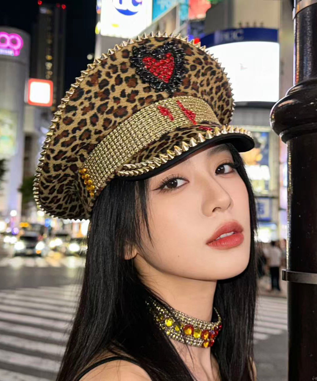 Chapeau à bords plats imprimé léopard pour femme style coréen 0