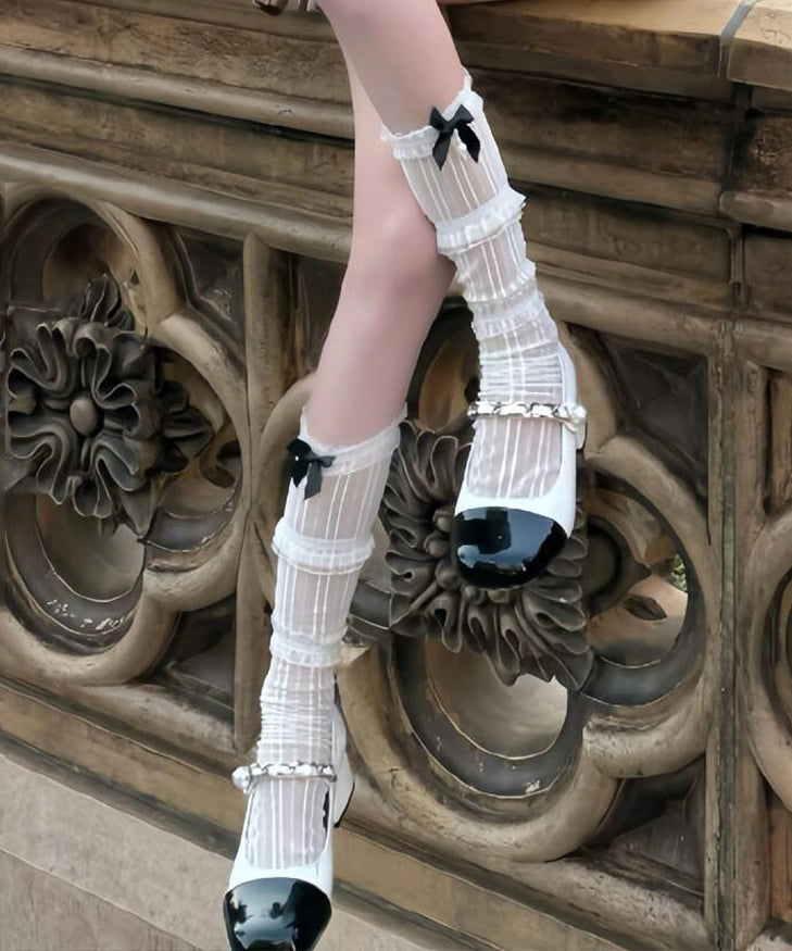Chaussettes de mollet à patchwork dentelle avec nœud pour femme 0