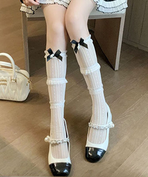 Chaussettes de mollet à patchwork dentelle avec nœud pour femme 4