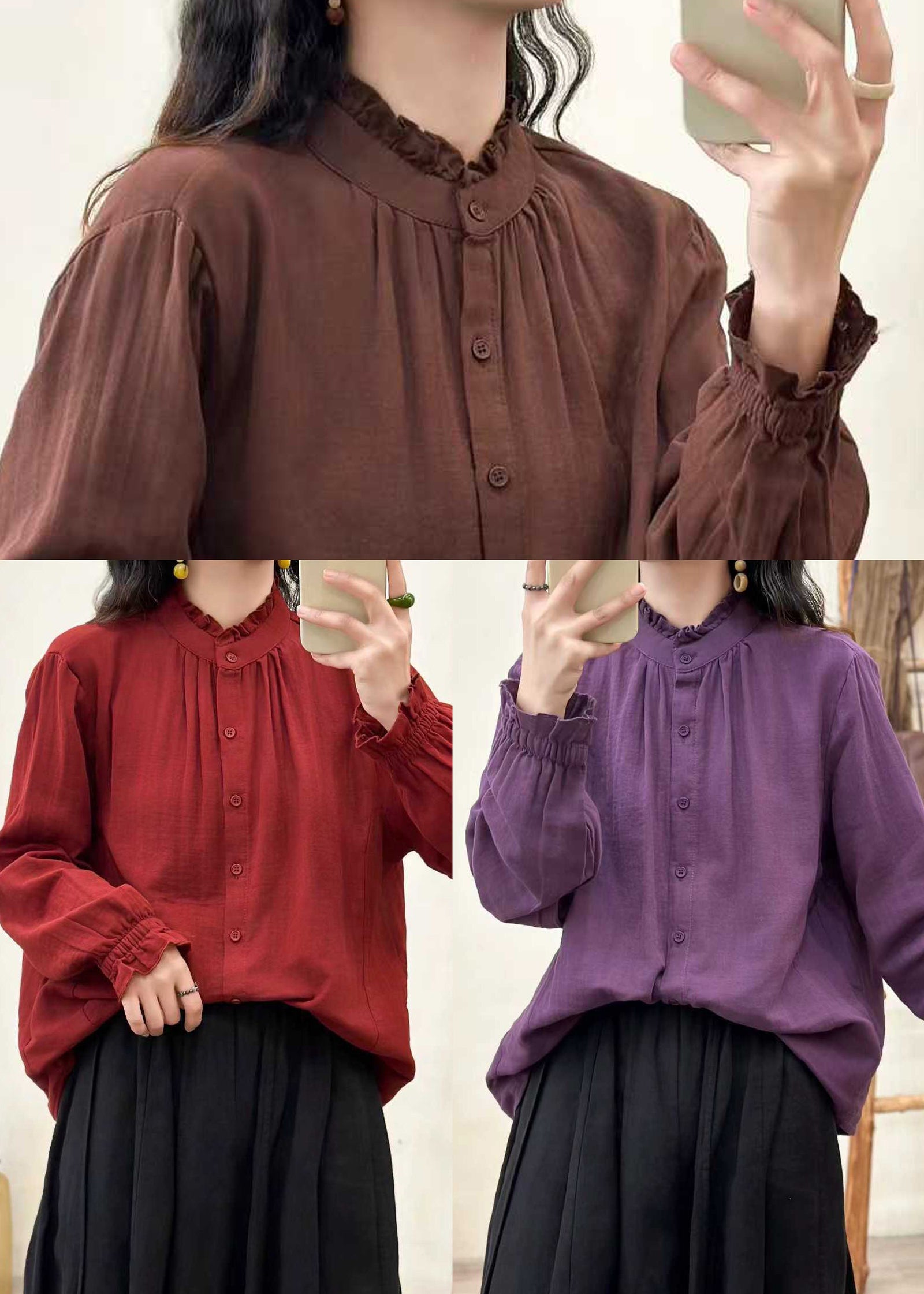 Chemise Femme Ample à Volants Col Montant 4