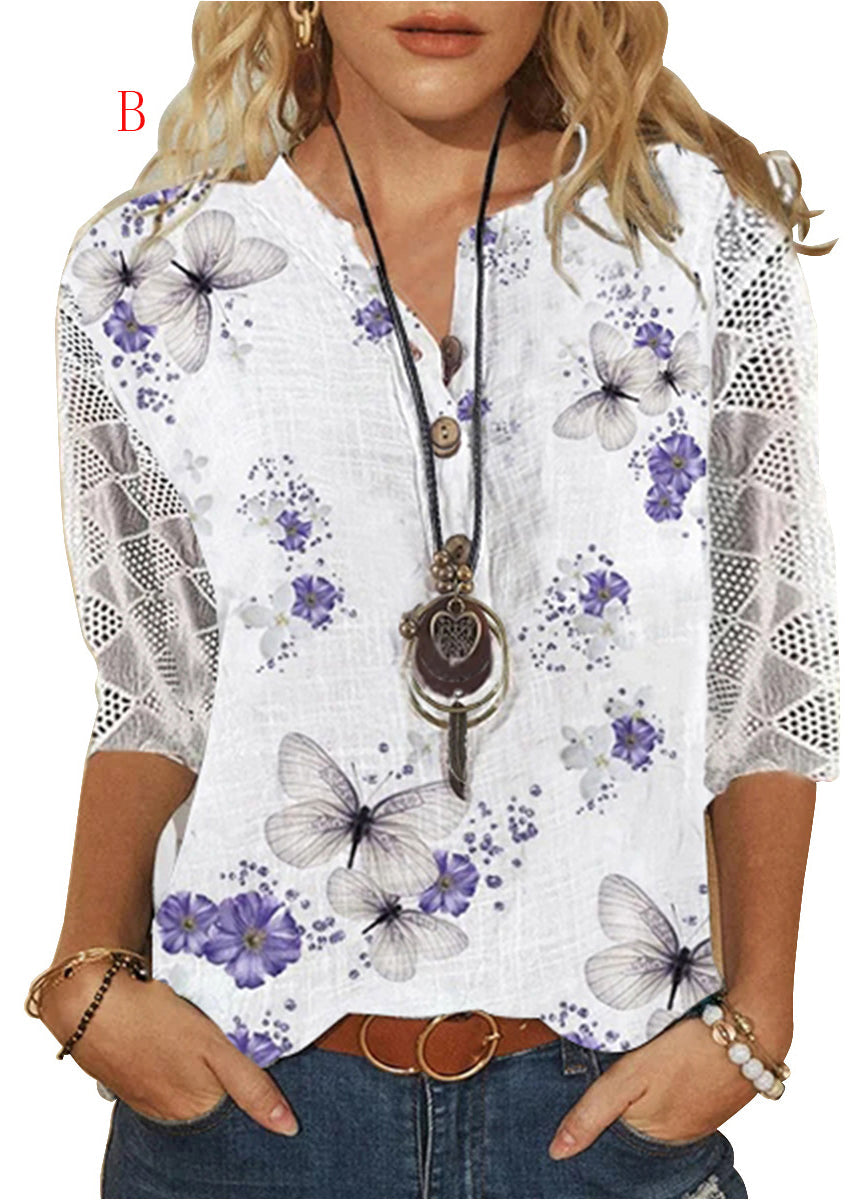 Chemise Femme Ample en V avec Dentelle Imprimée 1