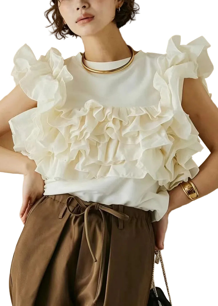 Chemise Femme Chic Sans Manches à Volants Col Rond 0