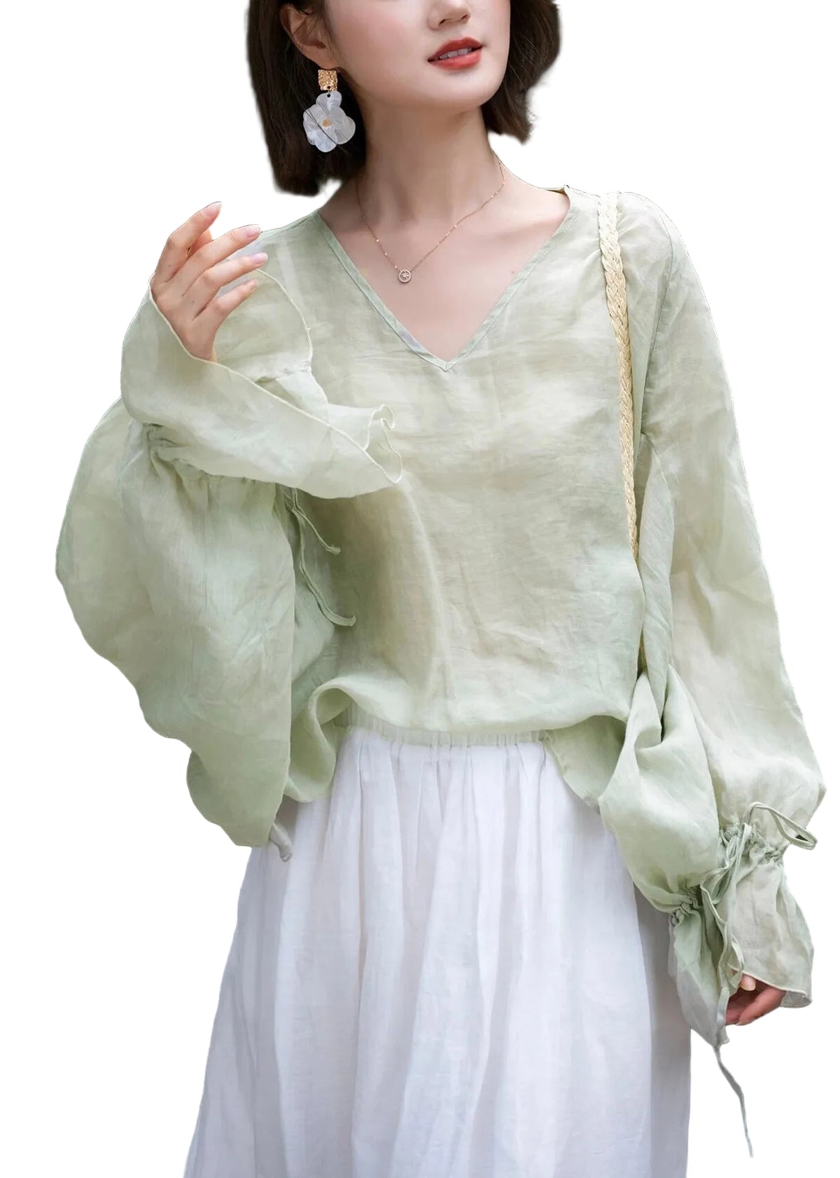 Chemise Femme Cintrée Col V Manches Évasées Chic 0