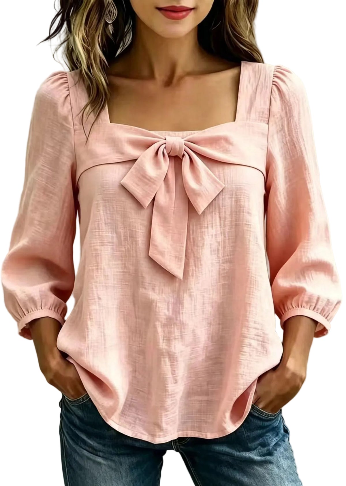 Chemise Femme Col Carré Noeud Manches Longues 0