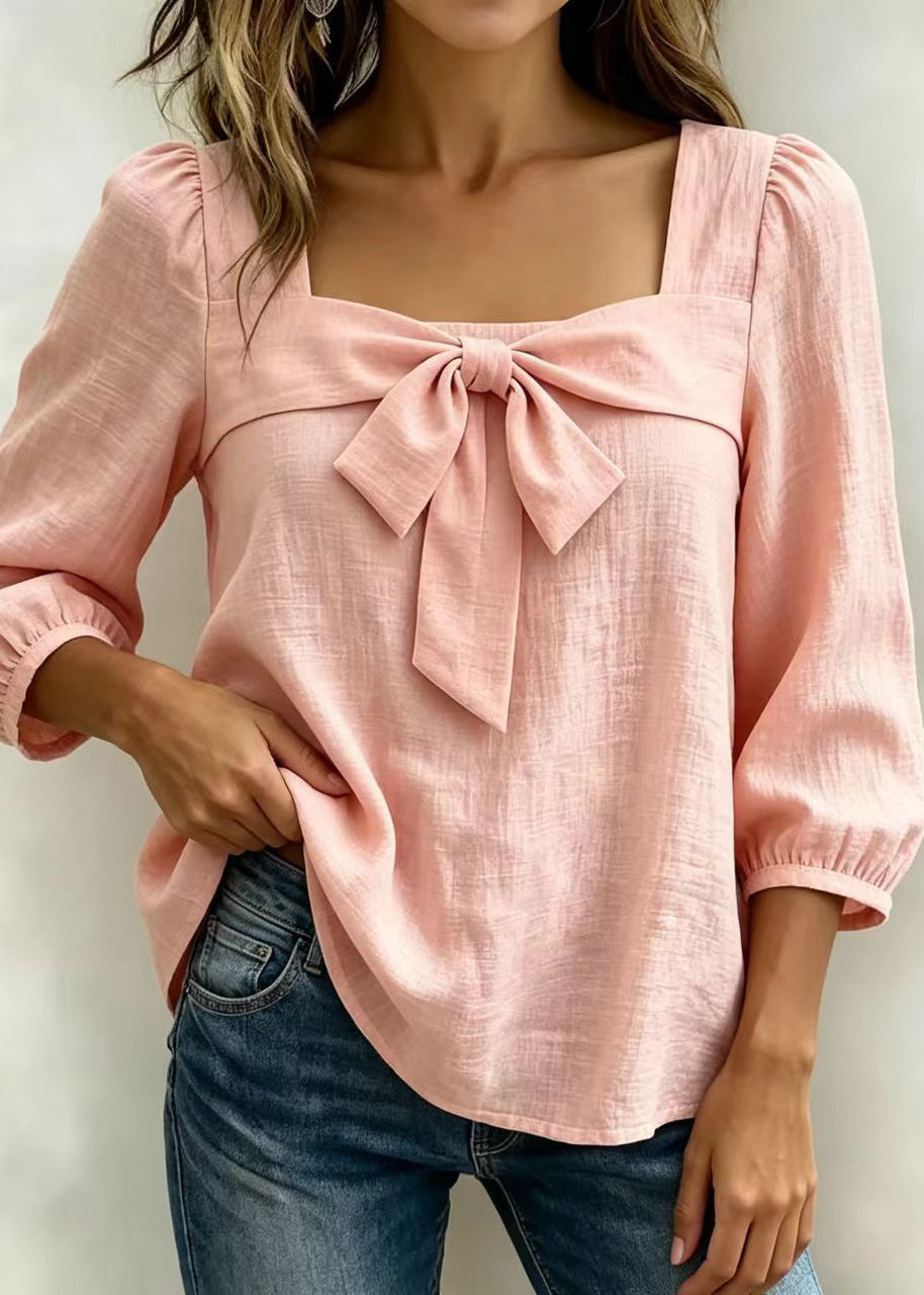 Chemise Femme Col Carré Noeud Manches Longues 1
