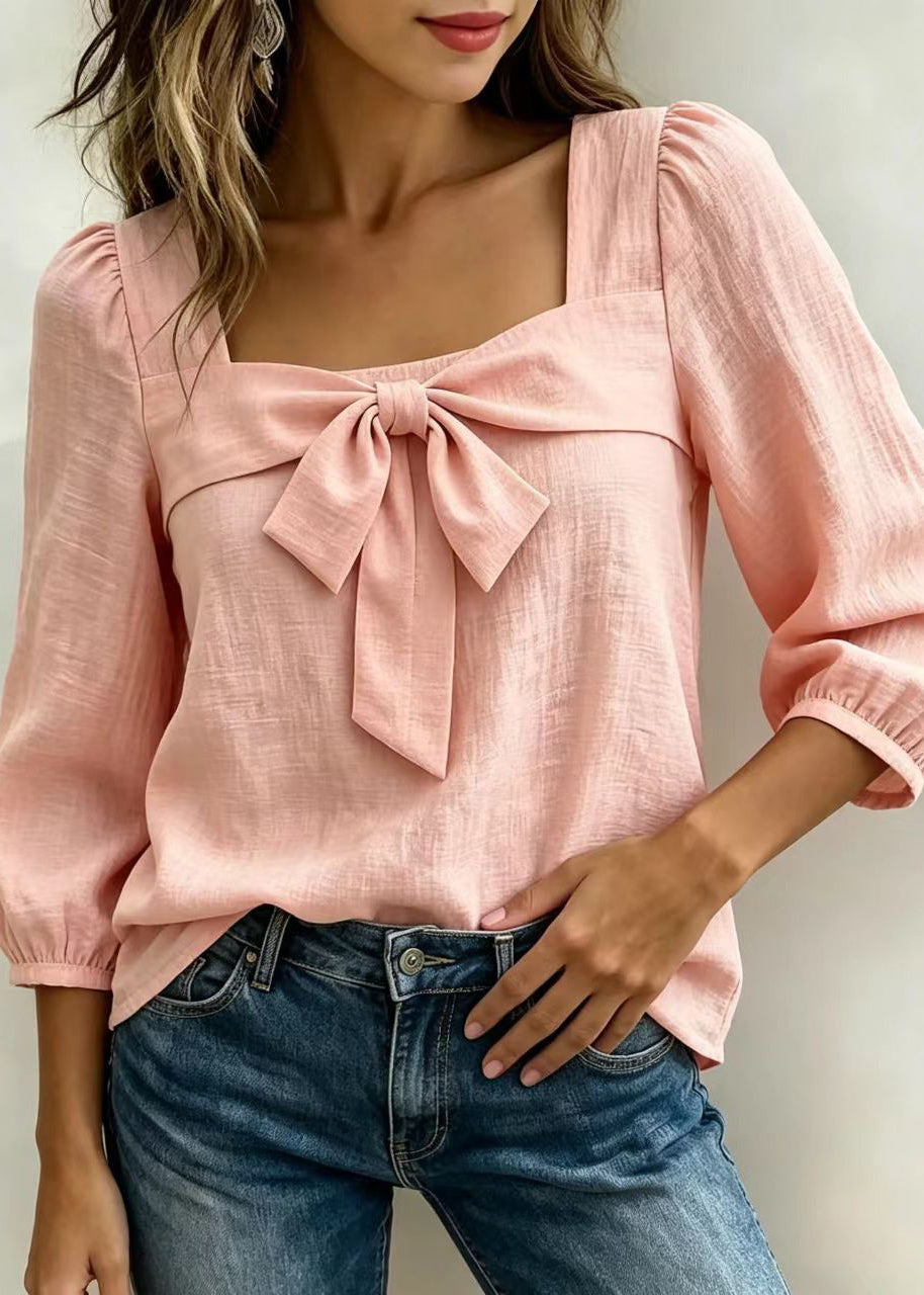 Chemise Femme Col Carré Noeud Manches Longues 2