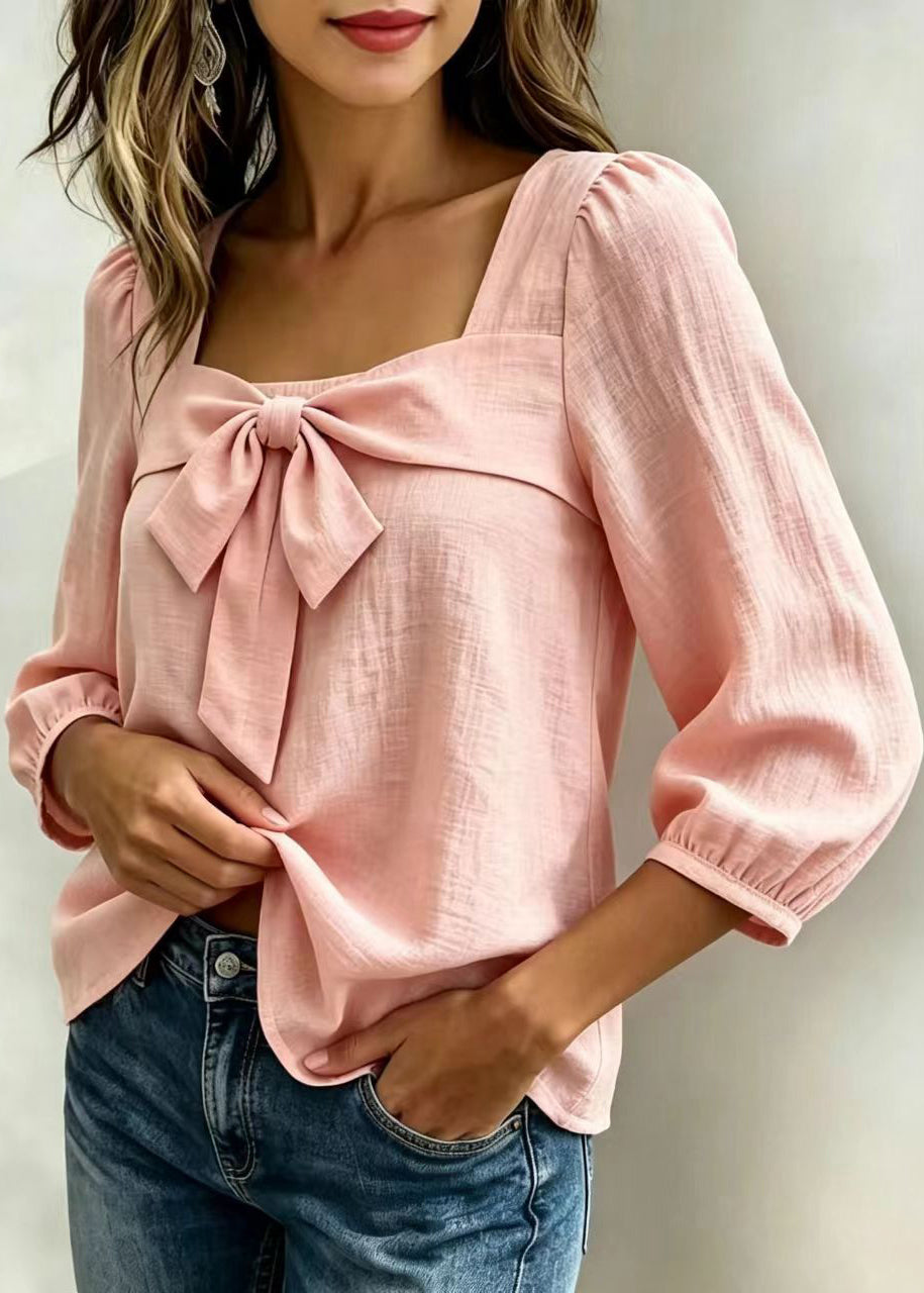 Chemise Femme Col Carré Noeud Manches Longues 3