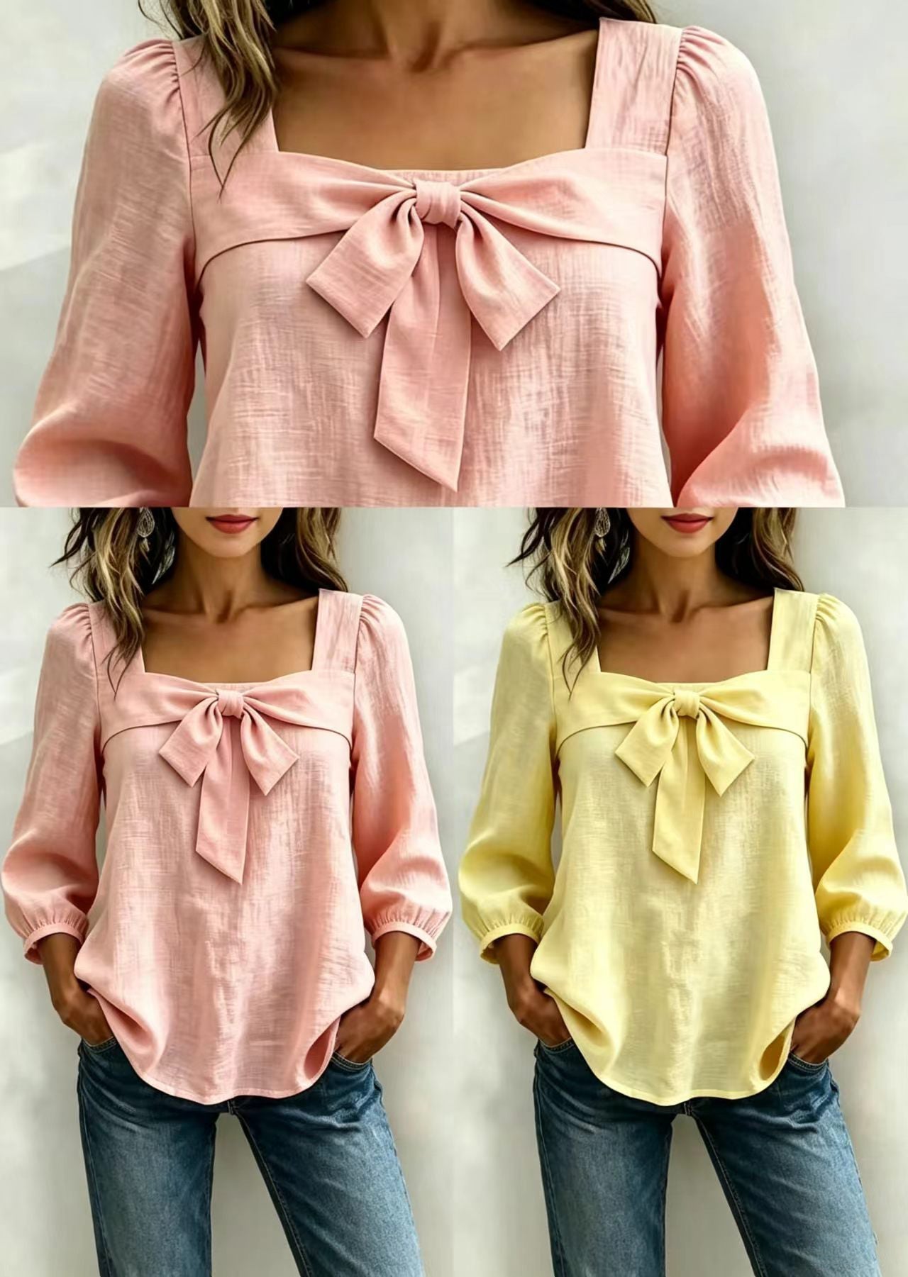 Chemise Femme Col Carré Noeud Manches Longues 4