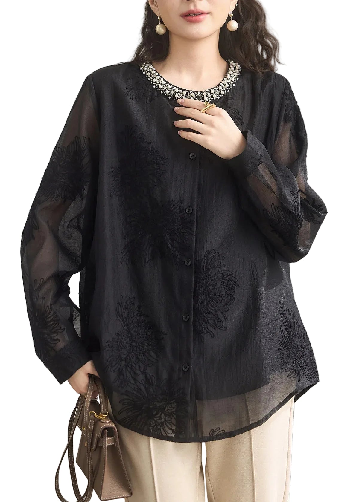 Chemise Femme Col Rond Brodée Style Automnal 0